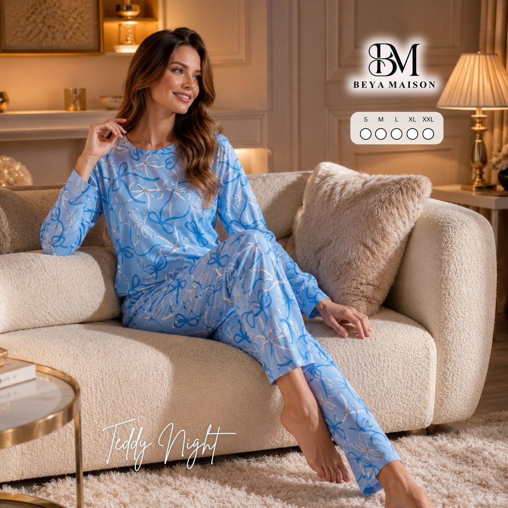 Floral Bow Pajama Set Blue – Soft Elegant Sleepwear