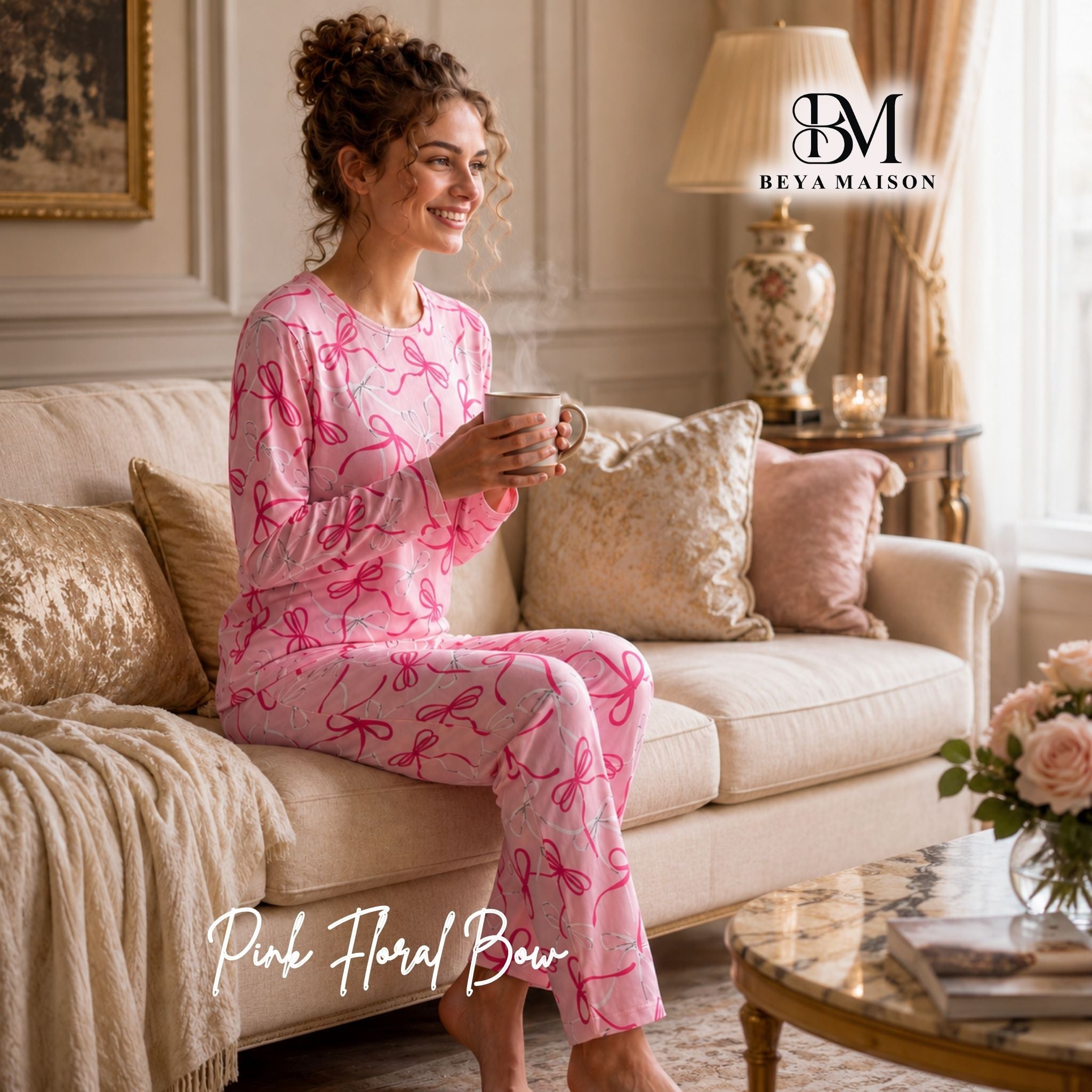 Pink Floral Bow Pajama Set