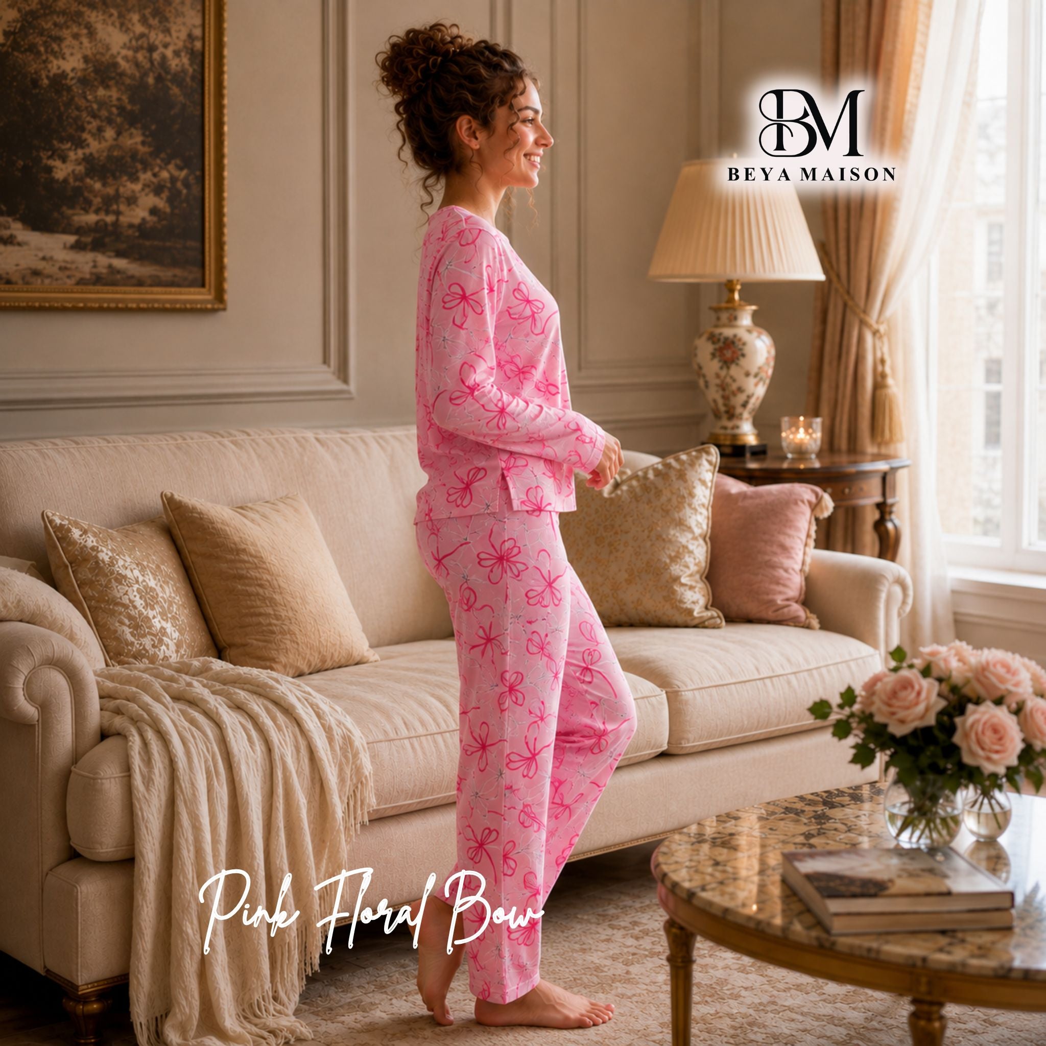 Pink Floral Bow Pajama Set