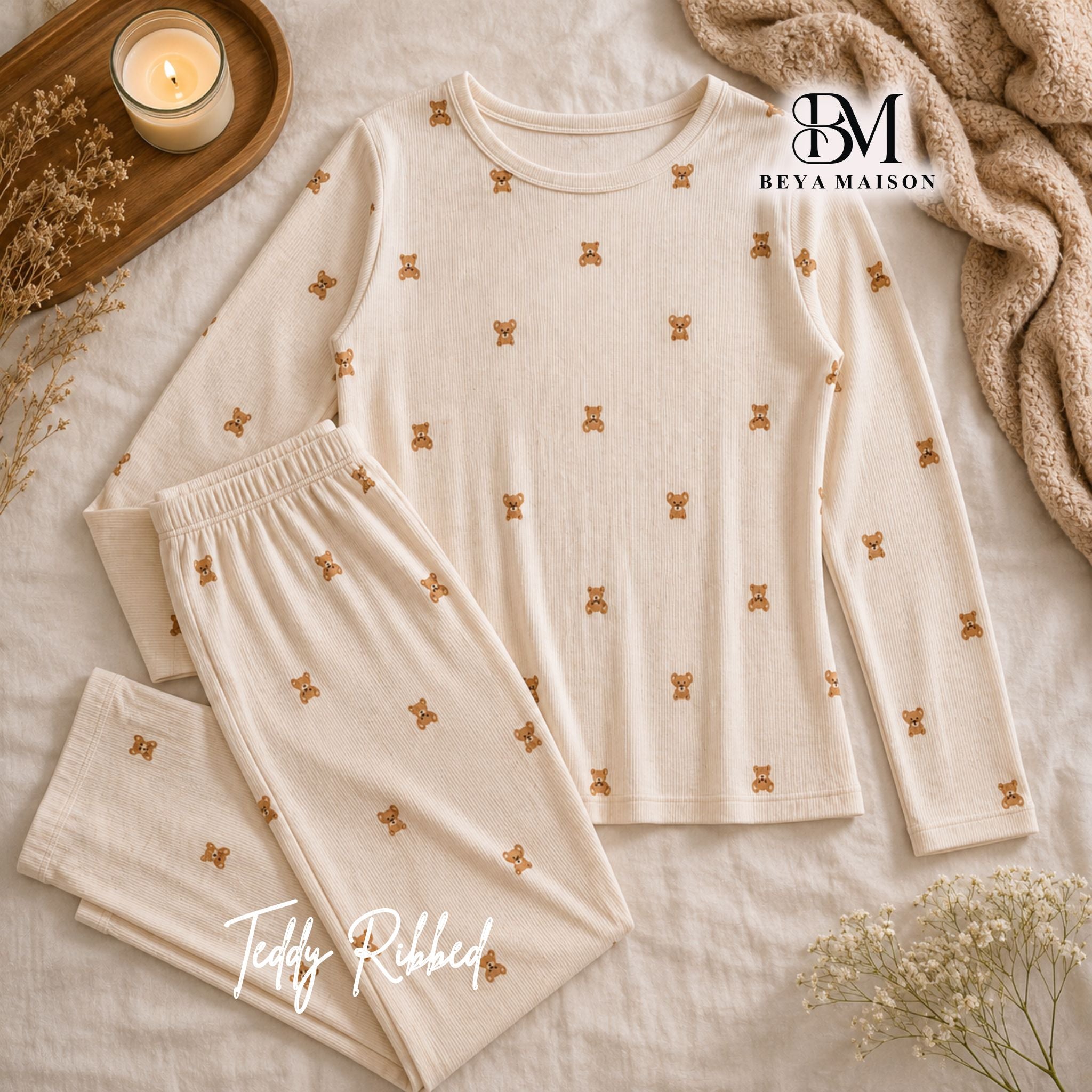 Cozy Teddy Ribbed Pajama Set 🧸🤍