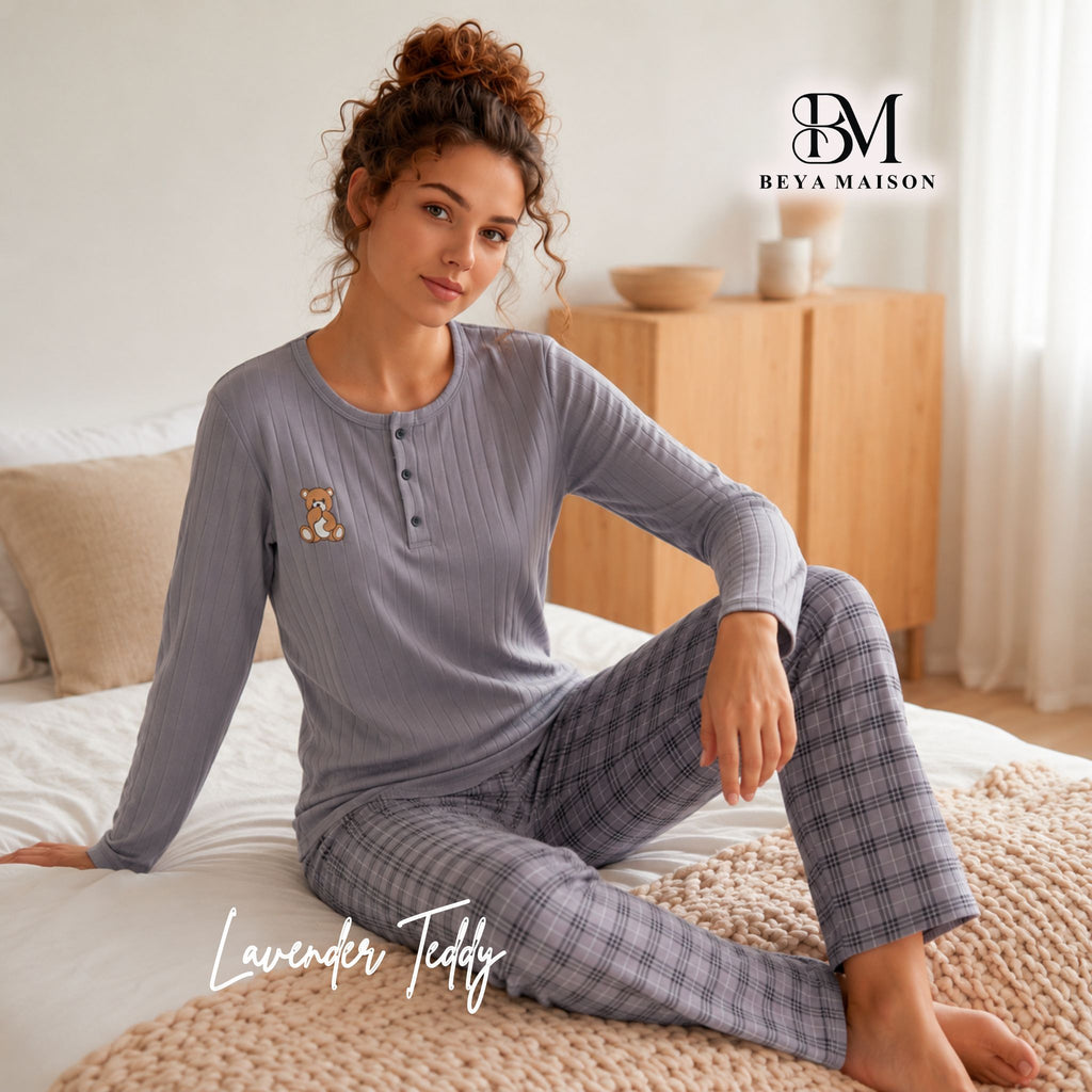 Lavender Teddy Check Pajama Set 🧸💜