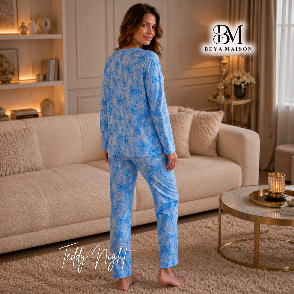 Floral Bow Pajama Set Blue – Soft Elegant Sleepwear